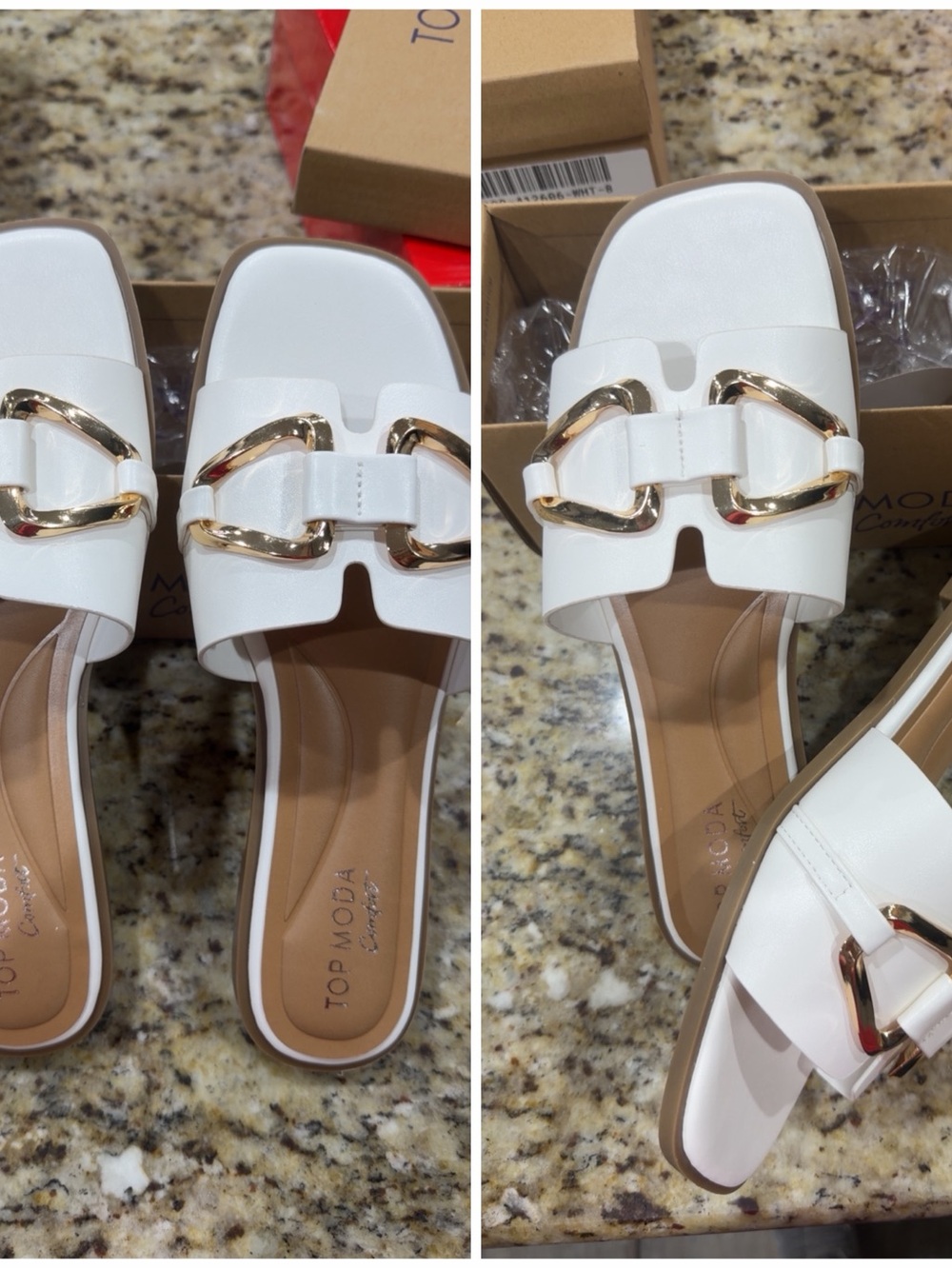 TOP Moda White Slide Mules with Gold Chain Accent